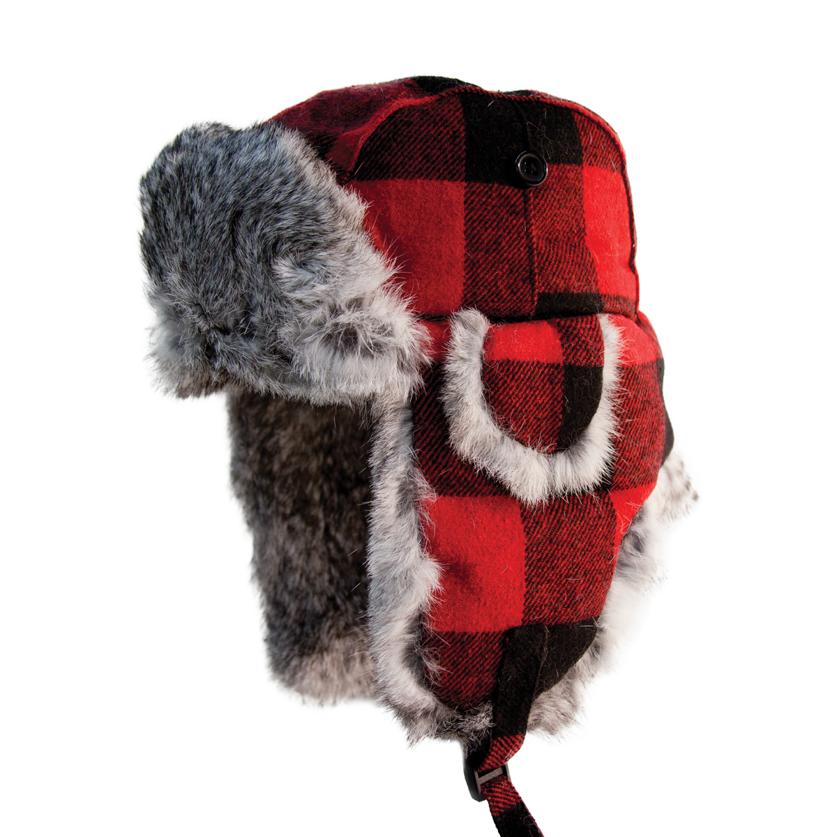 Women's Red Buffalo Check Rabbit Fur Trapper Hat