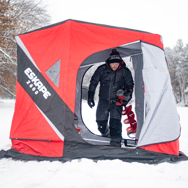 Eskimo Eskape 2400 Insulated 2 Person Ice Fishing Side-Door Sled Shelter  with 60-Inch Sled and TearTuff Bench Seat Seats, Red/Black
