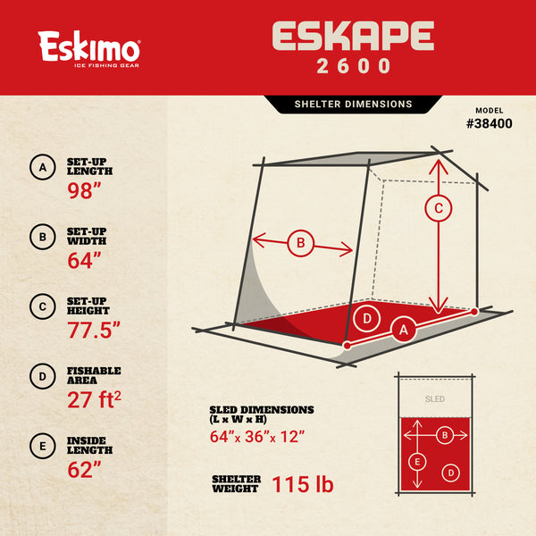 38400 Eskimo Ice Fishing Eskape 2600 Insulated Tow Sled Flip Shelter  FREIGHT