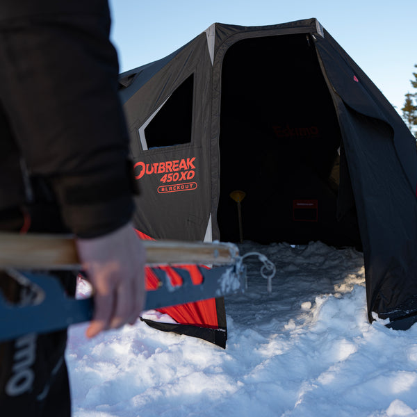 Eskimo Outbreak 450XD Limited Pop-up Portable Insulated Ice Fishing Shelter,  75 sq ft. Fishable Area, 4-5 Person, Red/Black, 139 x 138