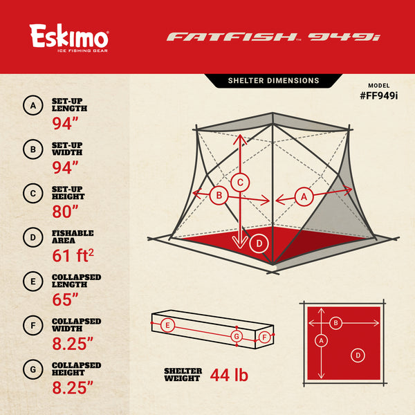 Eskimo FatFish™ 949i, Pop-up Portable Ice Shelter, Insulated, Red/Black,  3-4 Person Capacity, FF949i 